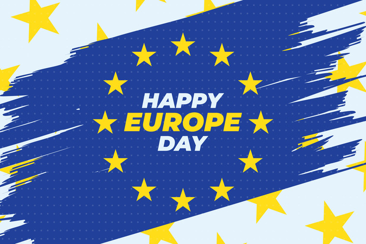 Logo der Europäischen Union mit der Aufschrift "Happy Europe Day".