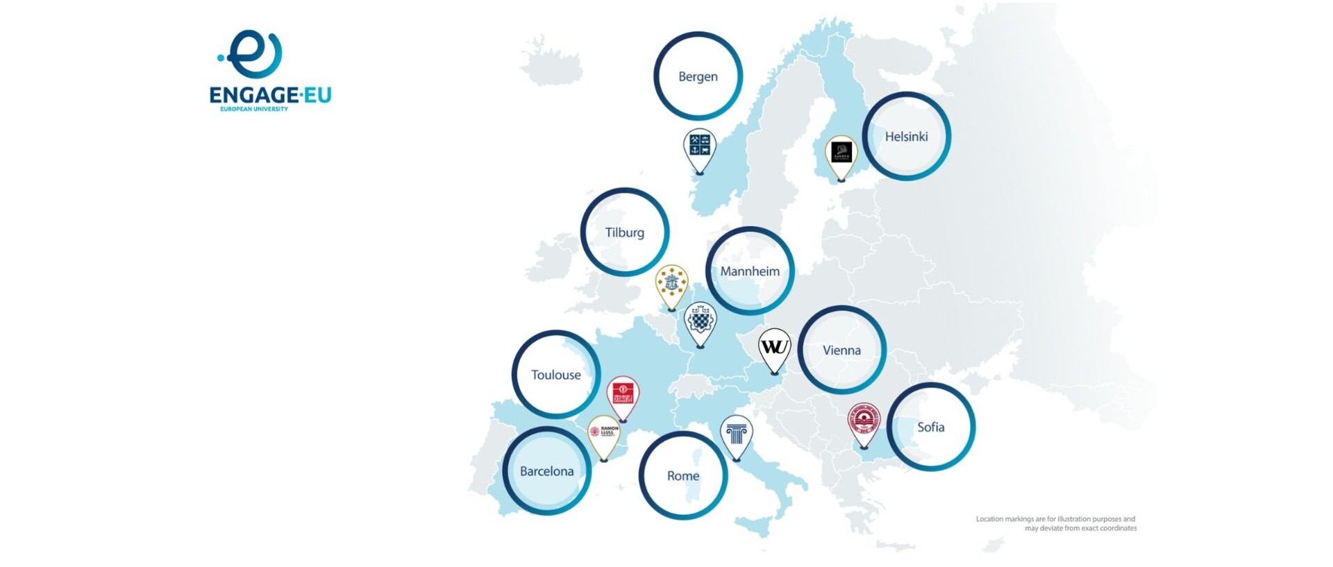 Karte von ENGAGE.EU mit neun eingezeichneten Partner-Universitäten in Bergen, Helsinki, Tilburg, Wien, Sofia, Barcelona, Rom, Toulouse und Mannheim.