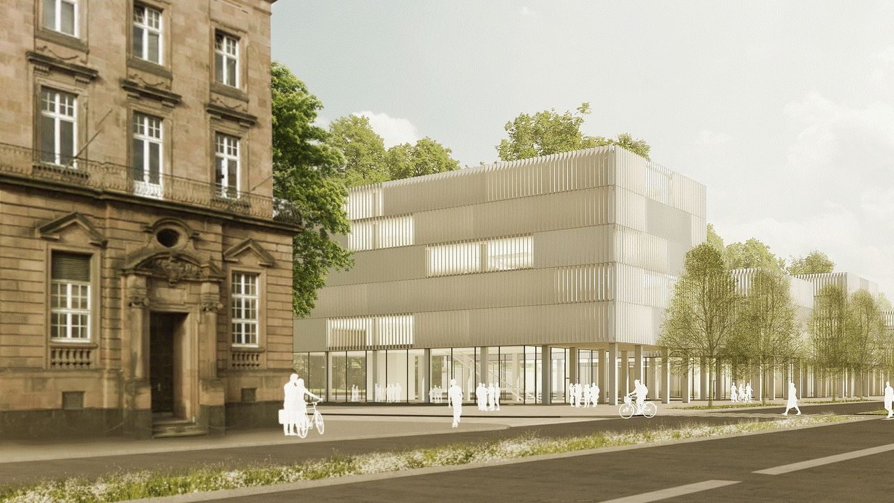Bebauung des Friedrichparks. Aus Perspektive der Bismarckstraße, links das Amtsgericht. Daneben vier Gebäude. Eingezeichnet sind Umrisse von Studierenden.