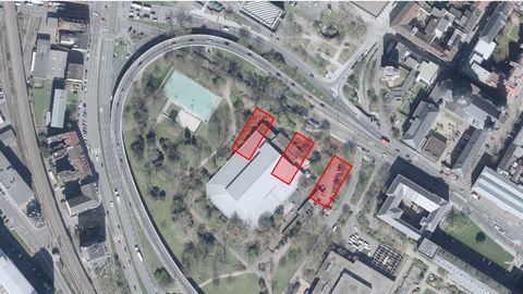 Luftbild des Friedrichparks 2017 mit eingezeichneter Darstellung der geplanten Gebäude, insgesamt 3.