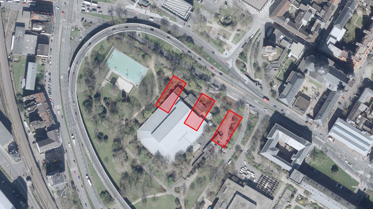Luftbild des Friedrichparks 2017 mit eingezeichneter Darstellung der geplanten Gebäude, insgesamt 3.