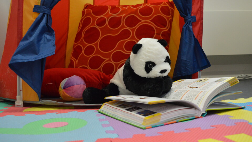 Ein Plüschpanda sitzt in einem farbenfrohen Spielzelt auf bunten Schaumstoff-Puzzlematten. Vor ihm ist ein aufgeschlagenes, illustriertes Buch, in das er scheinbar vertieft liest.