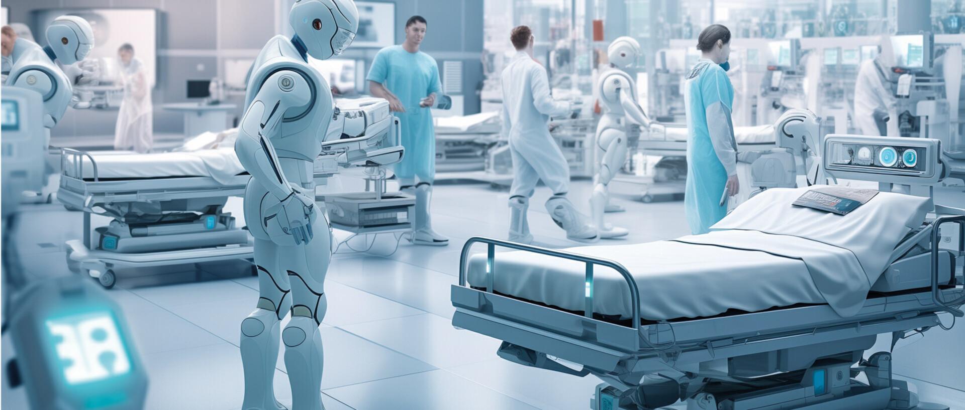Roboter und Menschen stehen inmitten von Krankenhaus-Betten.