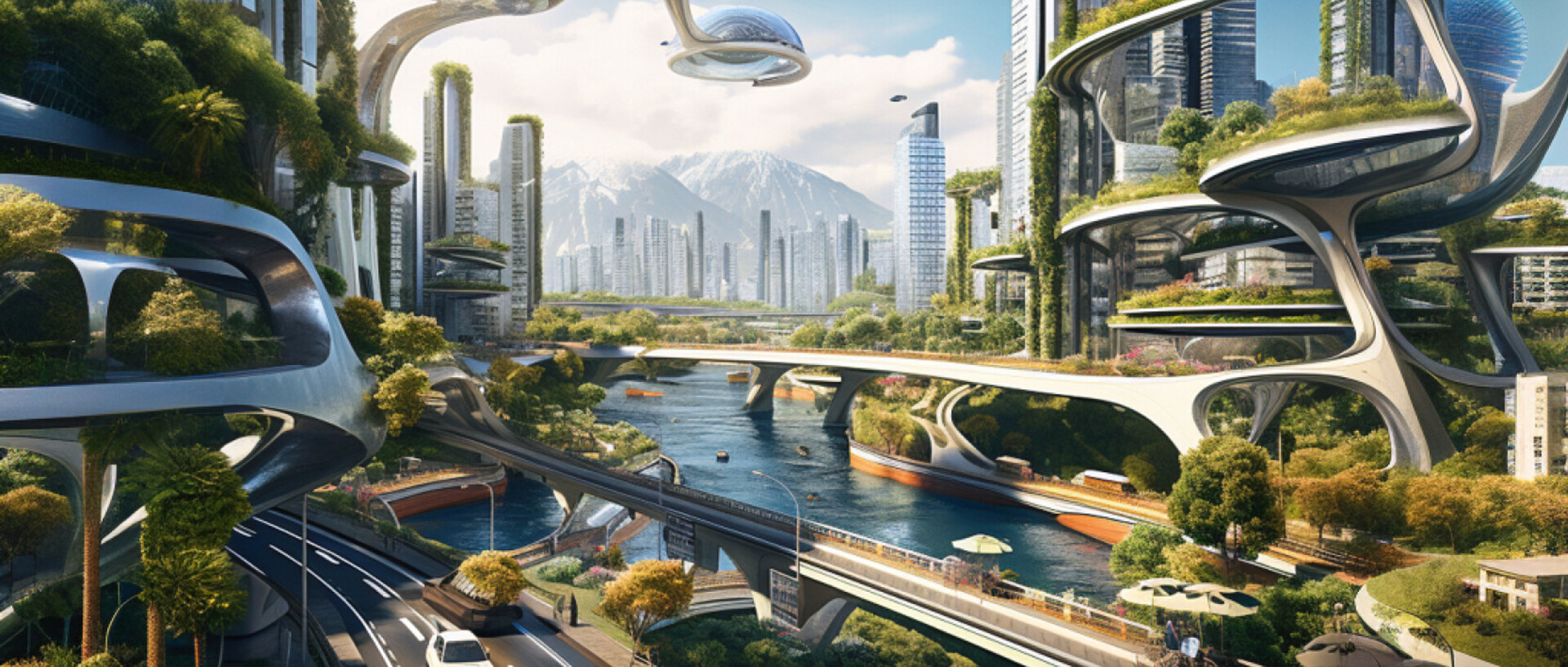 Eine futuristische Stadt mit mehreren Straßen-Ebenen, einem Fluss und vielen Bäumen.