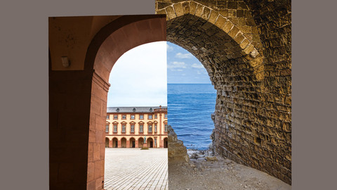 Eine Bilder Collage. Links das Schloss der Uni Mannheim und rechts ein Torbogen vor dem Meer. Beide Bilder nebeneinander ergeben einen Torbogen.