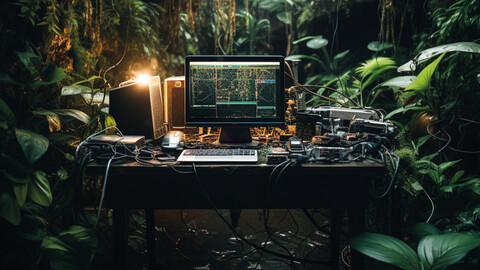 Ein eingeschalteter Computer steht in einem Dschungel.