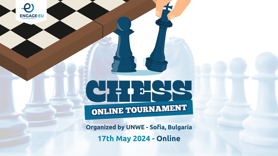 Clipart eines Schachbretts und Schachfiguren sowie der Schrift "Chess online Tournament".