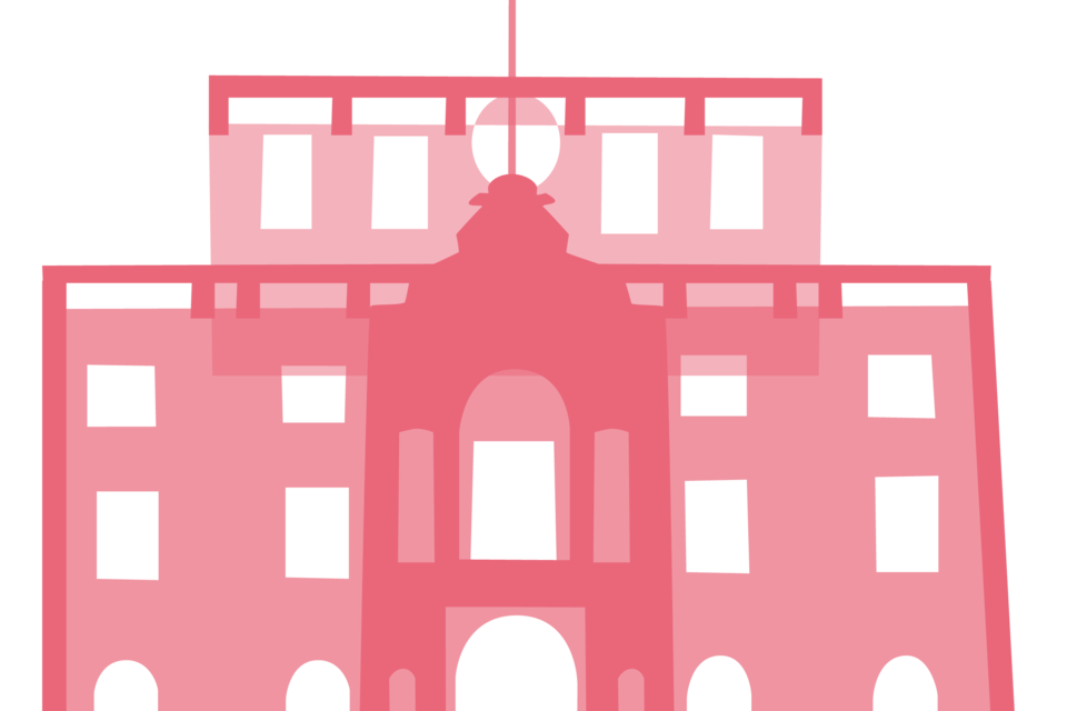 Orange illustration of a wing of the Mannheim Schloss. The various colorful illustrations are the components of a colorful Schloss.