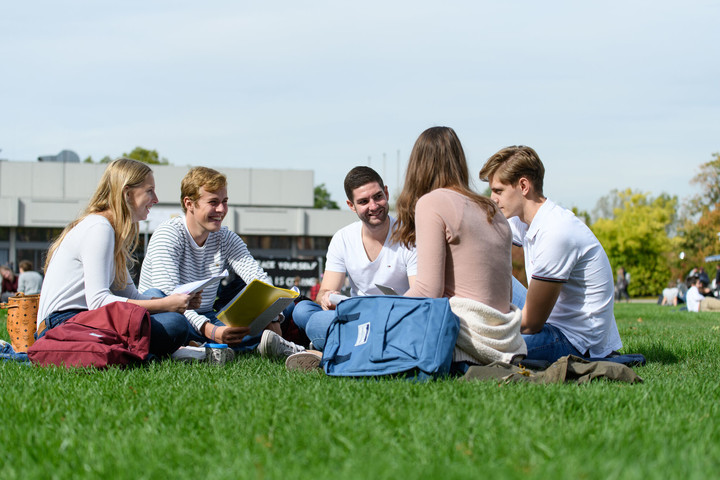 Eine Gruppe von fünf Studierenden sitzt gut gelaunt in einem Kreis auf der Mensawiese. In ihren Händen haben sie Blöcke oder Laptops, neben ihnen stehen Rucksäcke.