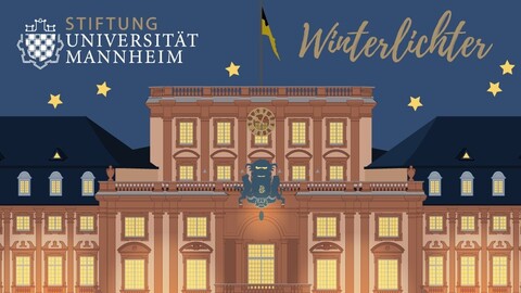Das Clipart zeigt die Universität Mannheim bei Nacht. Vor dem Schloss stehen geschmückte Tannen. Ein Schriftzug mit den Worten "Stiftung Universität Mannheim Winterlichter" befindet sich über dem Schloss.