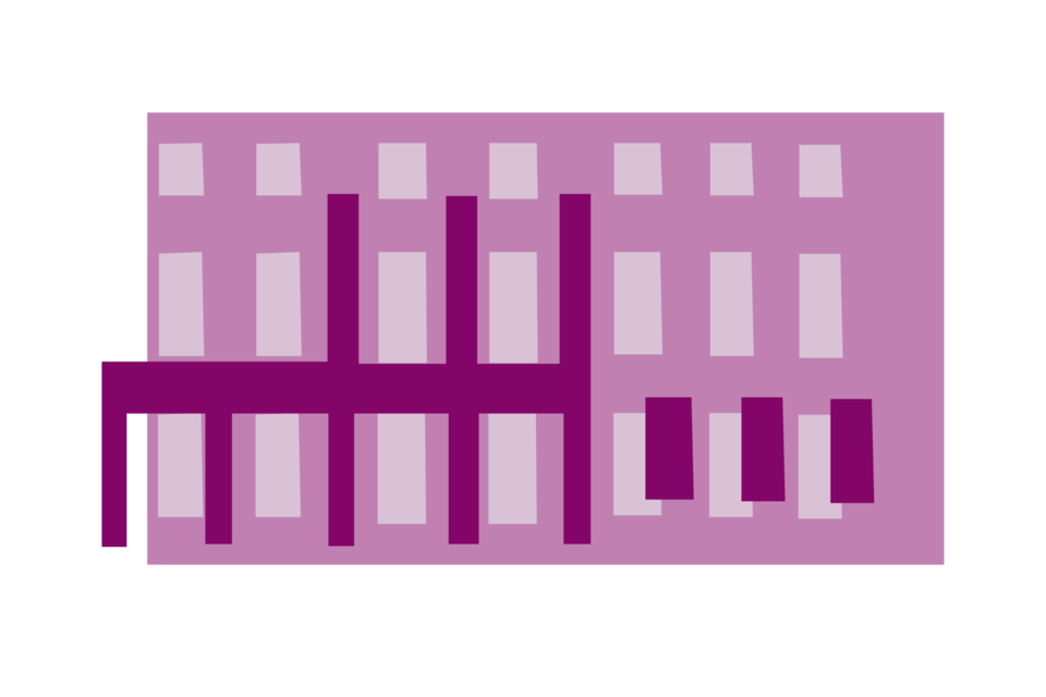 Purple illustration of a facade of the Mannheim Schloss. Zusammen mit den anderen, verschiedenfarbigen Bausteinen bildet sie ein buntes Schloss.
