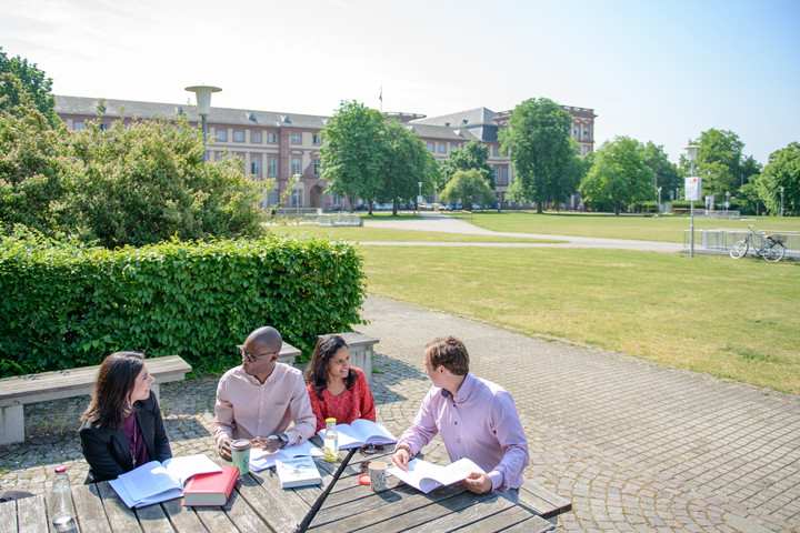 Vier Studierende sitzen bei Sonnenschein an einem Tisch und lernen zusammen. Hinter ihnen ist die Mensawiese.