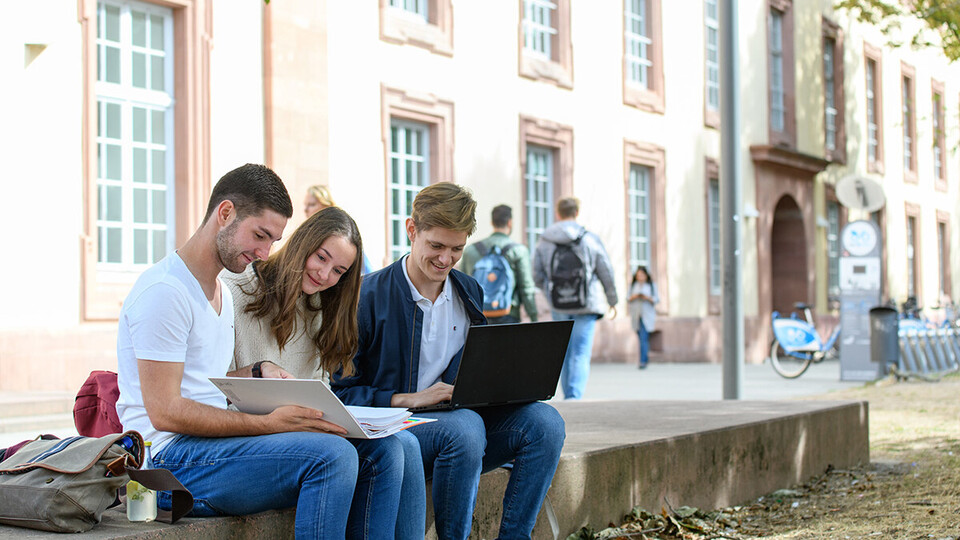Drei Personen sitzen nebeinander auf einer Steinmauer. Zwei Personen schauen in einen Ordner, während die andere Person auf ihren Laptop blickt.