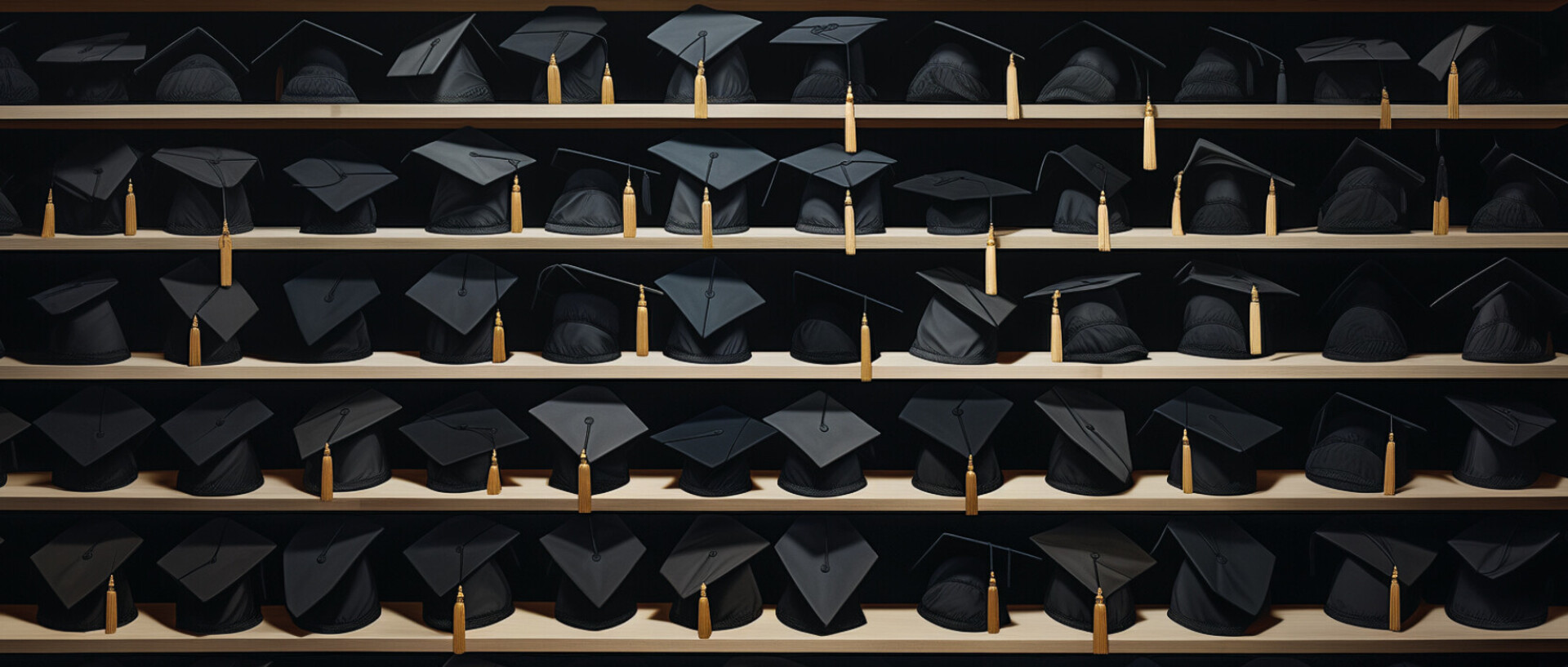 Ein Regal voller schwarzer Absolvent*innen-Hüte.