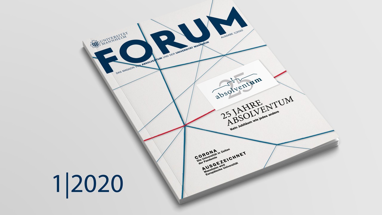Cover des FORUM-Magazins 1 | 2020 mit einem Netz aus blauen und roten Strichen und dem Titel "25 Jahre Absolventum. Kein Jubiläum wie jedes andere".