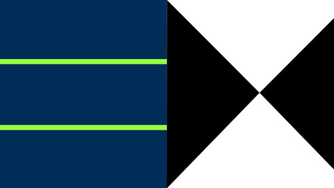 Eine geometrische Grafik in blau, grün, schwarz und weiß.