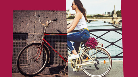 Bilder Collage zweier Bilder die zusammen ein Bild ergeben, auf welchem eine Frau ein Fahrrad fährt.