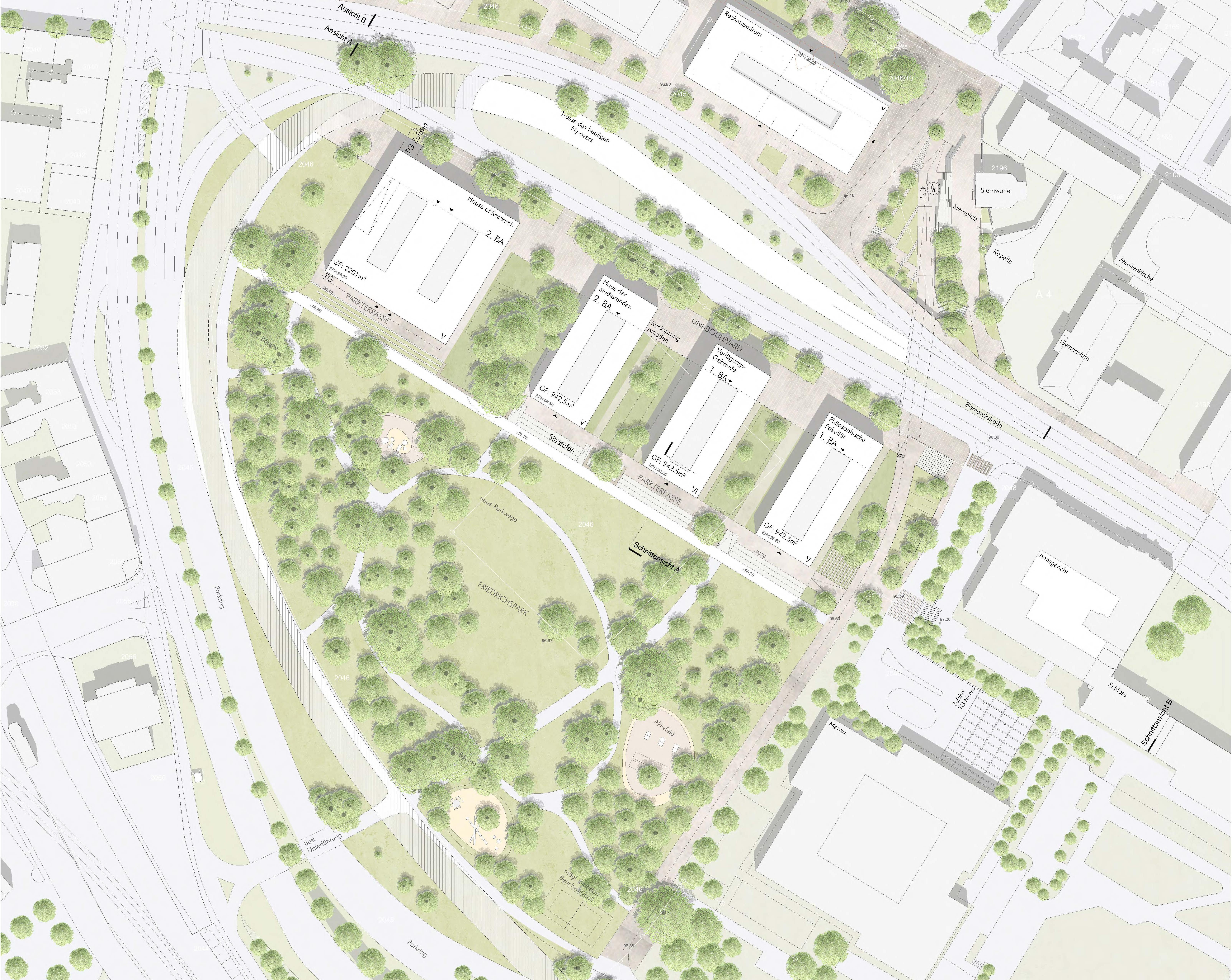 Städtebaulicher Rahmenplan des Friedrichparks. Eingezeichnet sind vier Gebäude:die Philosophische Fakultät, Verfügungsgebäude, Haus der Studierenden, House of Research sowie umliegende Gebäude, der Park und Straßen.  