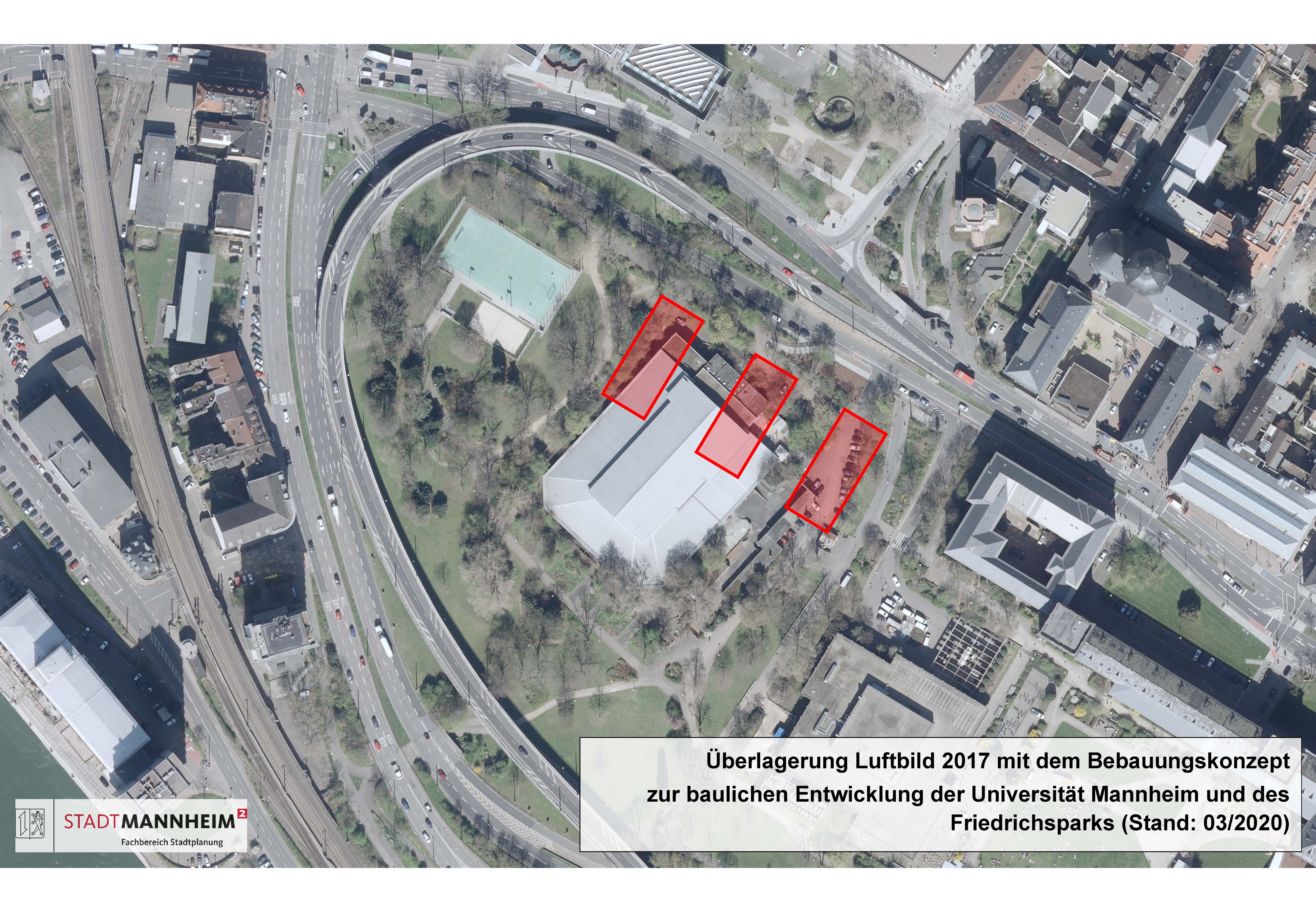 Der Friedrichspark aus der Vogelperspektive. Rote Rechtecke stellen drei geplante Gebäude dar, die am oberen Ende des Parks aufgezeichnet wurden.