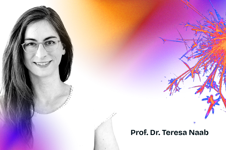Porträt von Prof. Dr. Teresa Naab, am Rand Funken.