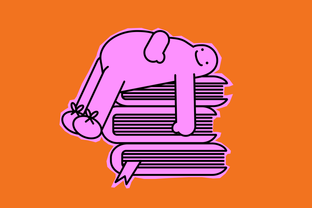 Eine pinkfarbene illustrierte Figur liegt auf einem Stapel Bücher, sie wirkt erschöpft, lächelt aber. Der Hintergrund ist orange. 