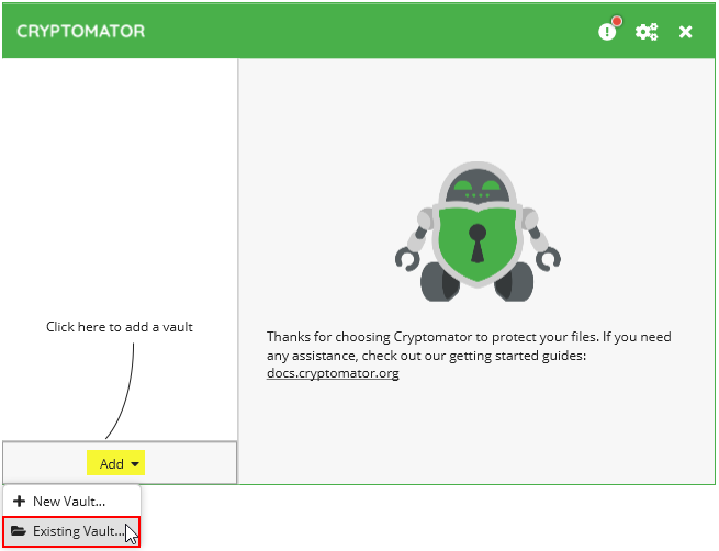 Screenshot Add existing vault