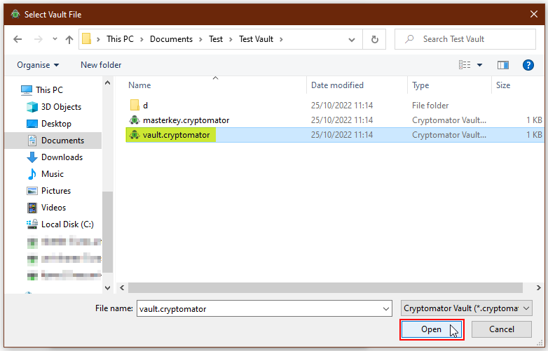 Screenshot Open the file “masterkey.cryptomator”