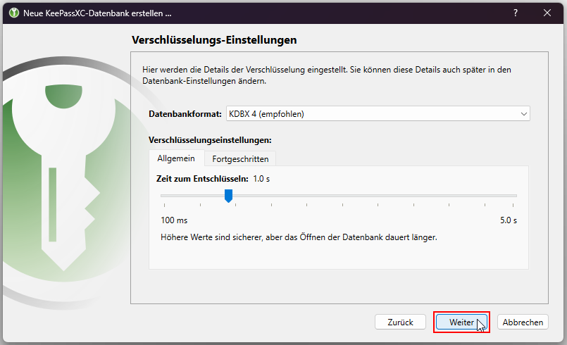 Anwendungsfenster mit Verschlüsselungseinstellungen
