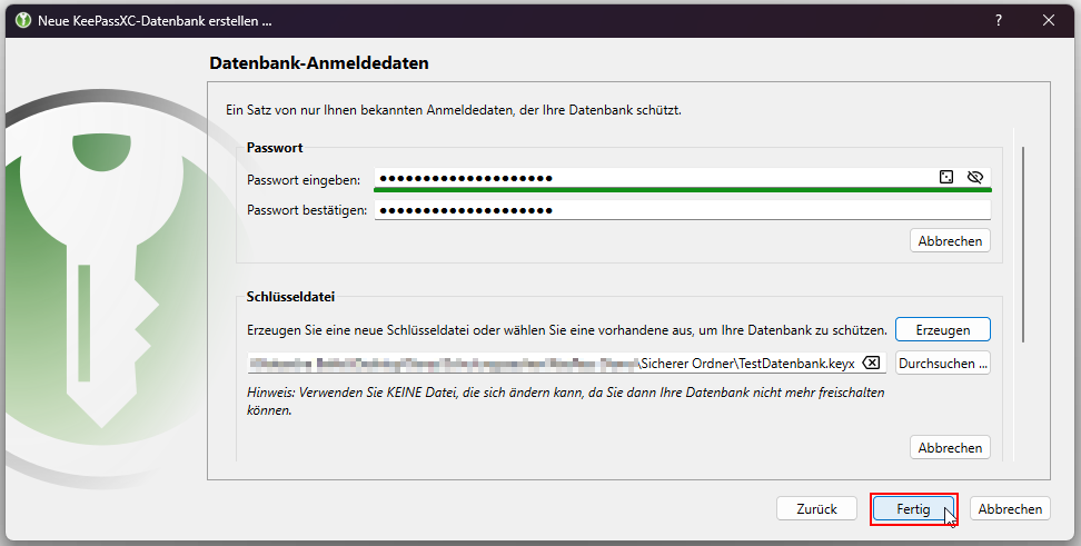 Anwendungsfenster um die Datenbankanmeldung abschließen