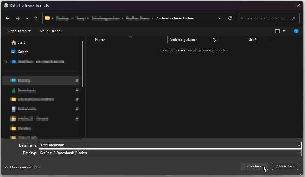 Windows-Explorer-Fenster zum Wählen des Speicherorts der Datenbank