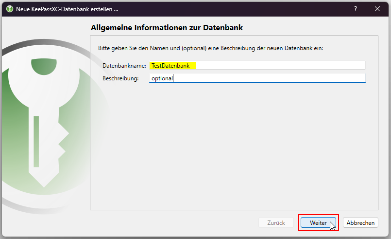 Anwendungsfenster mit Eingabefeld für Namen und Beschreibung der Datenbank