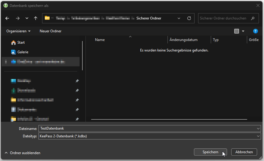 Windows-Explorer-Fenster zum Wählen des Speicherorts der Datenbank