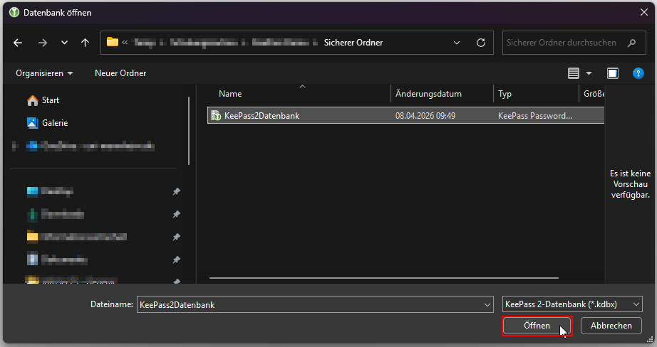 Windows-Explorer-Fenster zum Auswählen der bestehenden Datenbank