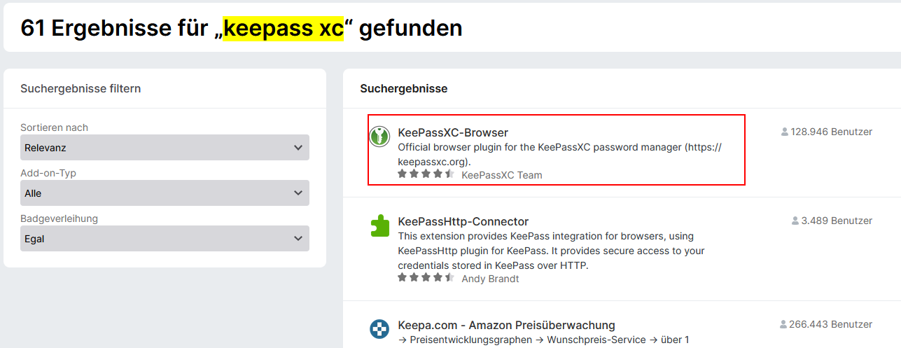 Fenster mit Suchergebnissen zum Auswählen des Add-ons