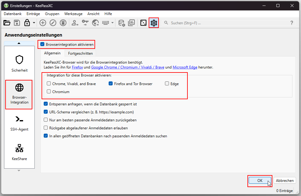 Anwendungsfenster zum Aktivieren der Browserintegration