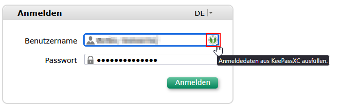 Anmeldemaske der Zeiterfassung mit Icon zum automatischen Füllen Anmeldedaten