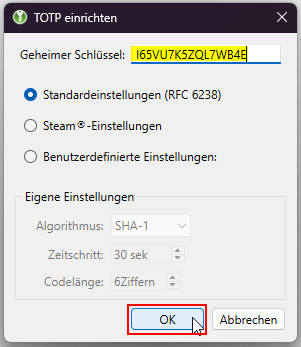 Eingabefeld um den geheimen Schlüssel für TOTP hinzuzufügen