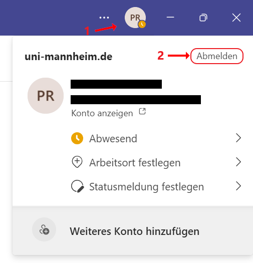 MS Teams - Um sich auszuloggen, klicken Sie rechts oben in der Menüleiste auf den Kreis, der Ihre Initialen umfasst.