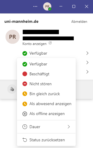 MS Teams - gewünschten Status und Dauer der Statusänderung festlegen.