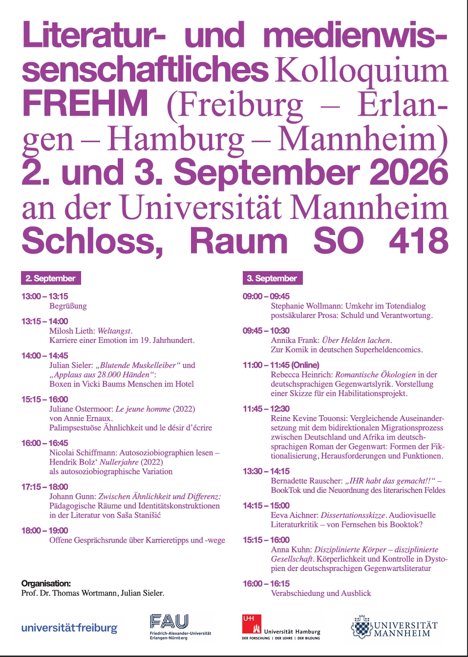 Plakat zum literatur- und medienwissenschaftlichen Kolloquium FREHM 2026