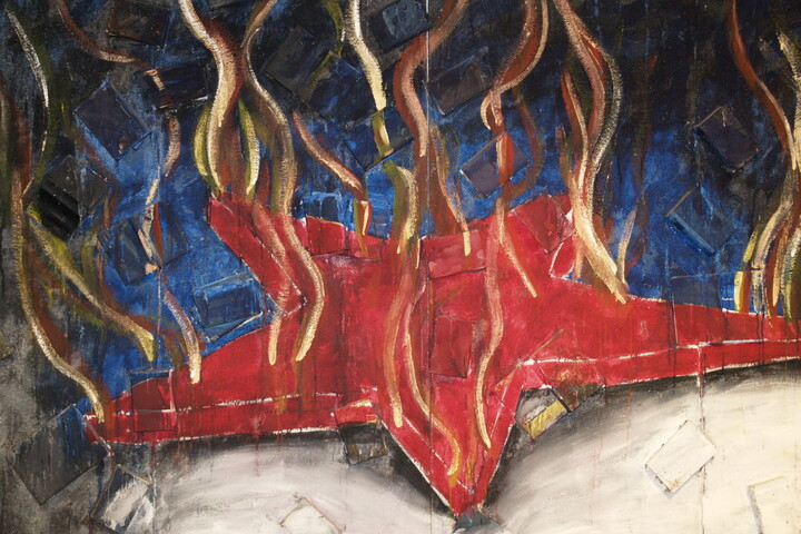 Gemälde eines roten Sterns mit aufsteigenden Flammen