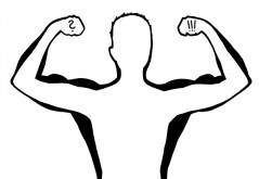 Die Silhouette einer Person, die ihre Arme anwinkelt und die Fäuste in den Himmel streckt, sodass man ihre Muskeln sieht.