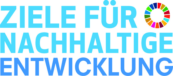 Grüner Schriftzug "Ziele für nachhaltige Entwicklung" mit einem farbkreisähnlichem Logo in der rechten oberen Ecke.