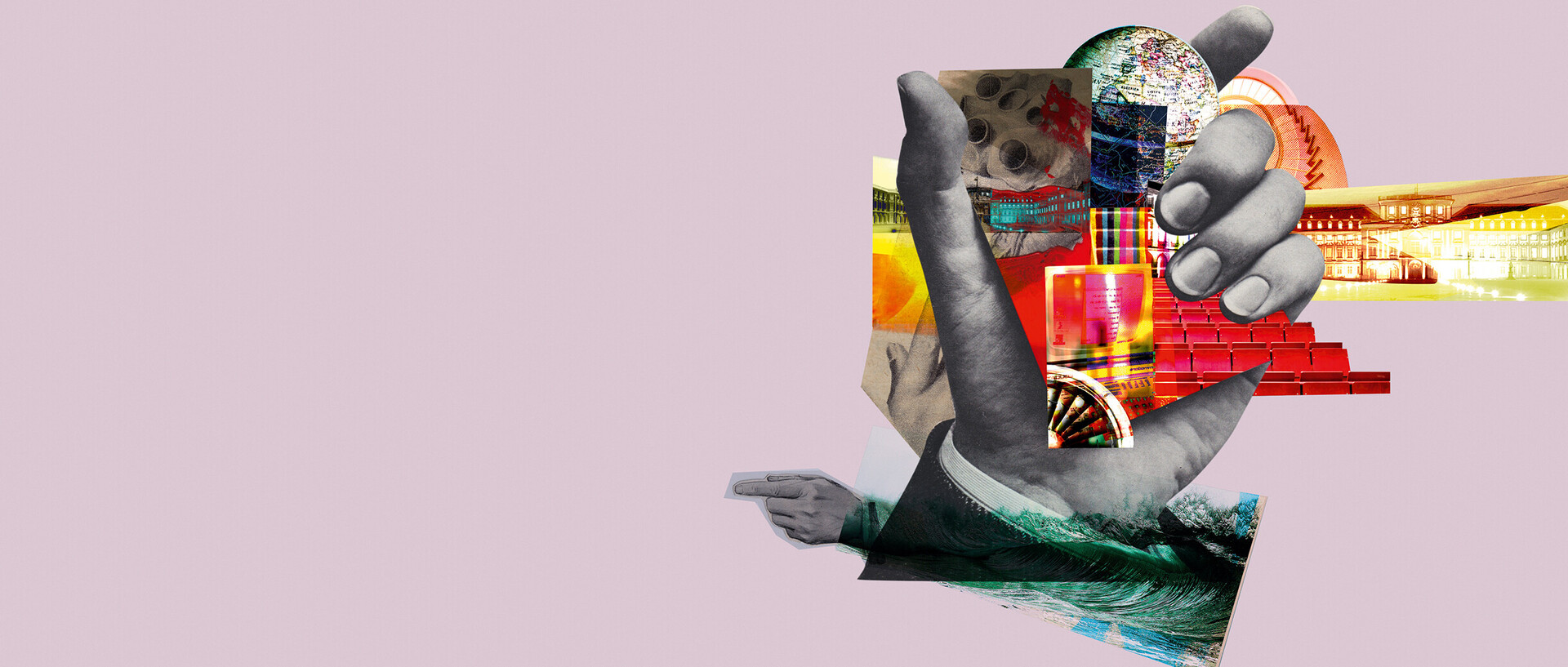 Bildercollage vor altrosafarbenem Hintergrund. In einer großen halboffenen Hand sind Bilder von den roten Stuhlreihen eines Hörsaals, dem Mannheimer Schloss, einem Globus, einem Herz, einem Flugzeugtriebwerk und einem alten Computer. Unterhalb der Hand sind eine große Welle und eine nach links zeigende Hand.
