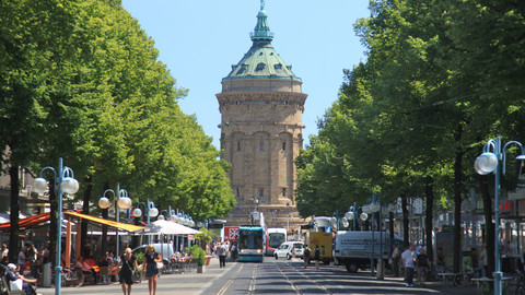 The Wasserturm, on of Mannheims most prominent landmarks and the Planken, Mannheims shopping street
