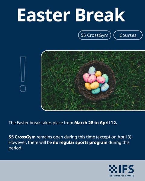 Easter Break Update ?  From March 28 to April 12, it‘s Easter break time!  During this period, our regular sports program will be paused. But 55 CrossGym will remain open for you to stay active? ! Note: We will be closed on Good Friday, April 3.  And don’t miss out on our hiking session: ? On April 12, we hike from Zwingenberg to Auerbacher Castle -> the perfect way to enjoy nature
