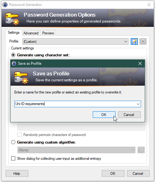Save profile for Uni ID Screenshot Save profile for Uni ID