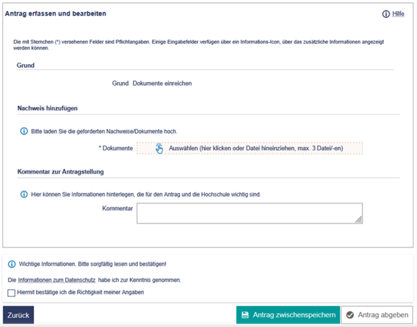 Ein Screenshot von der Website Portal² auf dem das Menü Antrag erfassen und bearbeiten mit dem Antragsgrund Dokumente einreichen abgebildet ist.