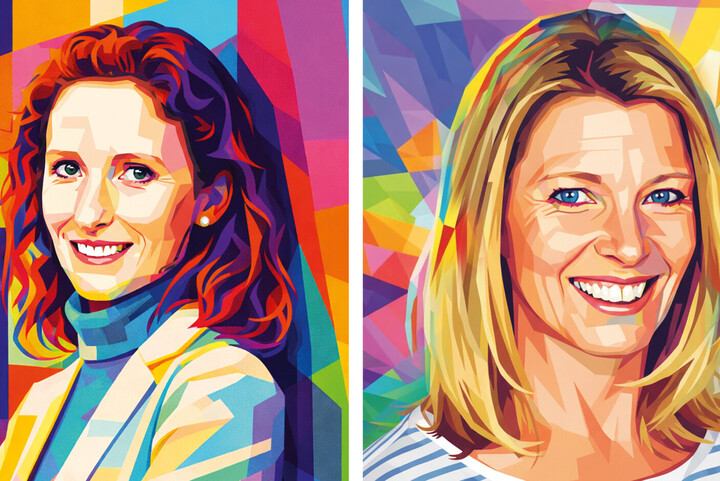 Porträtbilder von Karin Hoisl und Christiane Koch, die mit bunten Farben grafisch illustriert wurden.