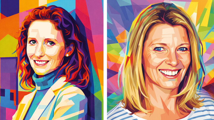 Porträtbilder von Karin Hoisl und Christiane Koch, die mit bunten Farben grafisch illustriert wurden.